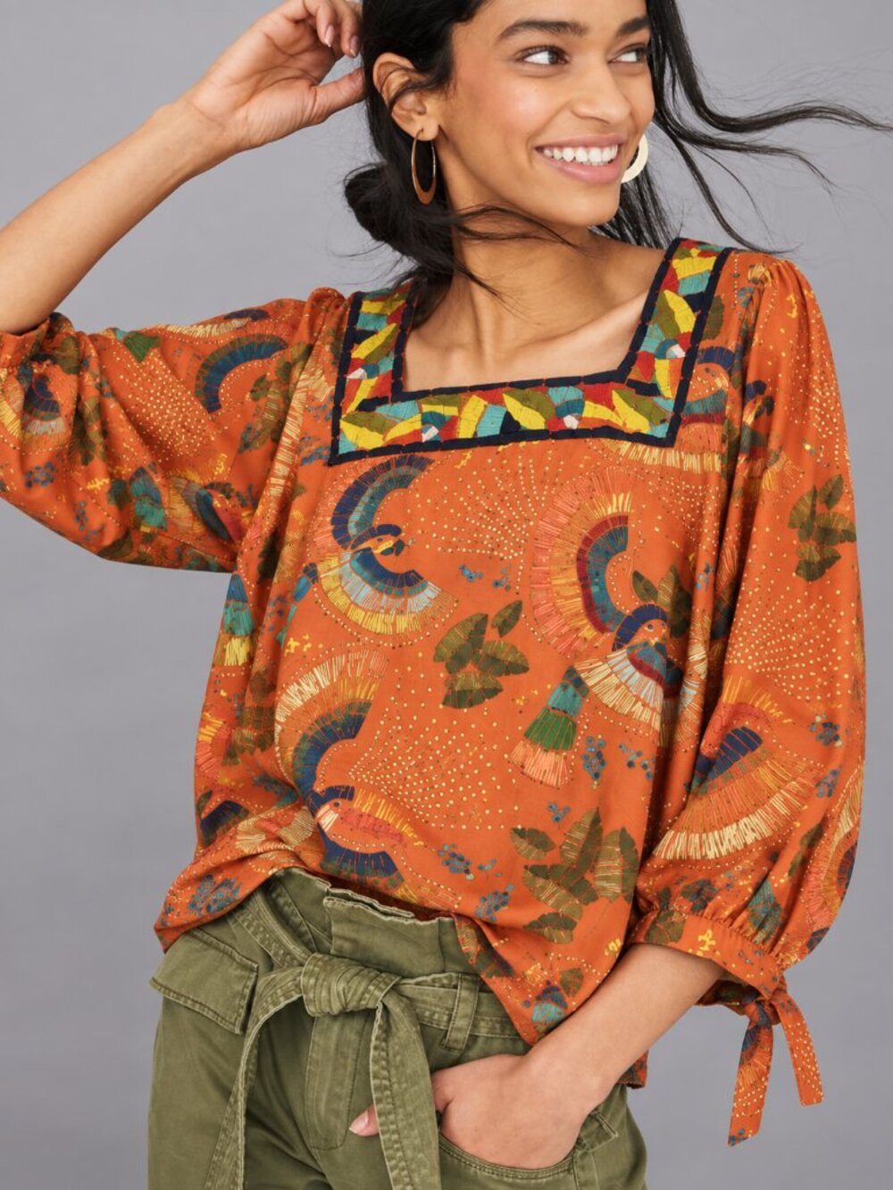 FARM RIO x Anthropologie Bianca Tropical Bird Orange Embroidered Top SZ Small